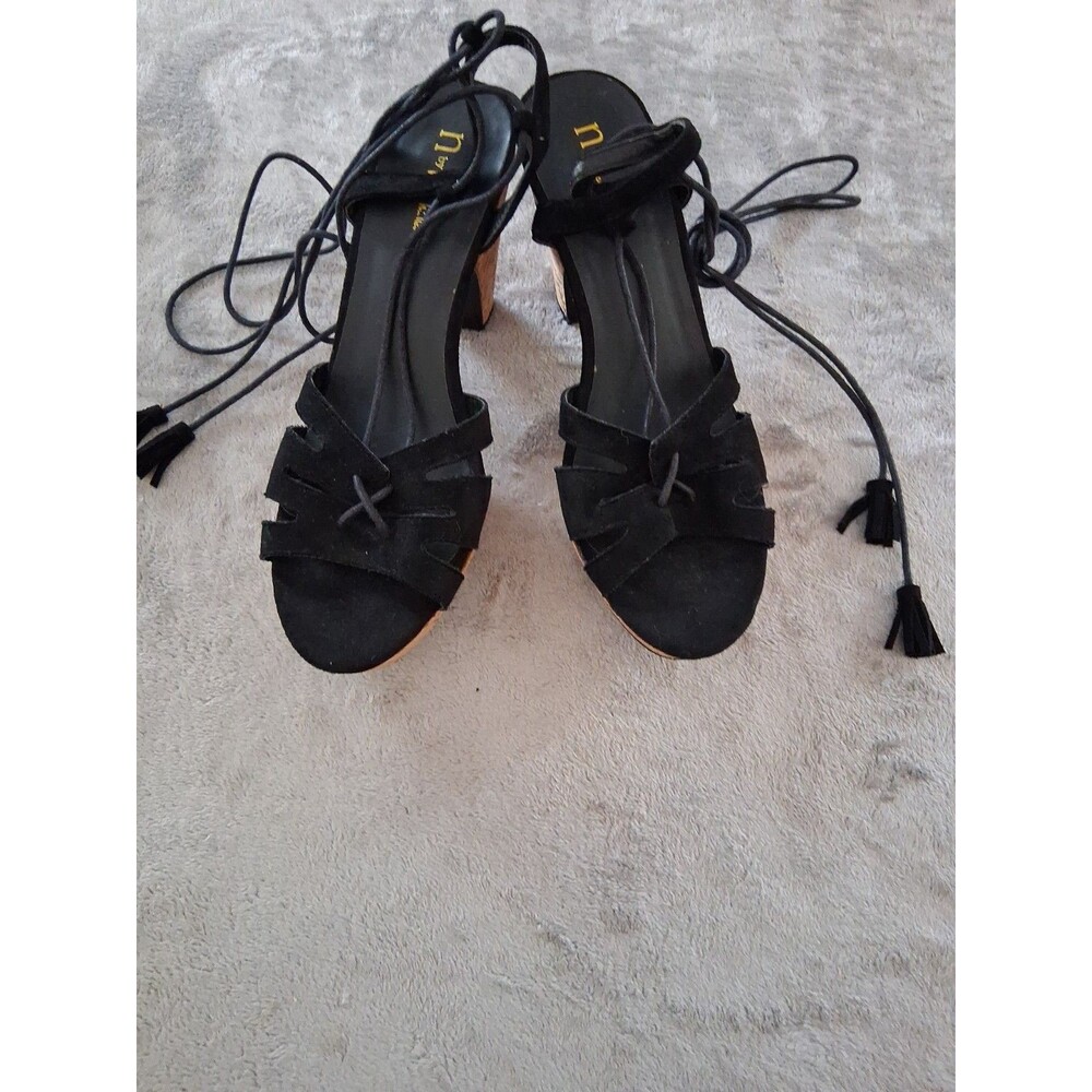 Nicole Miller Ankle Wrap Cork Heels Size 11 Black Suede Sandals Glam Resort